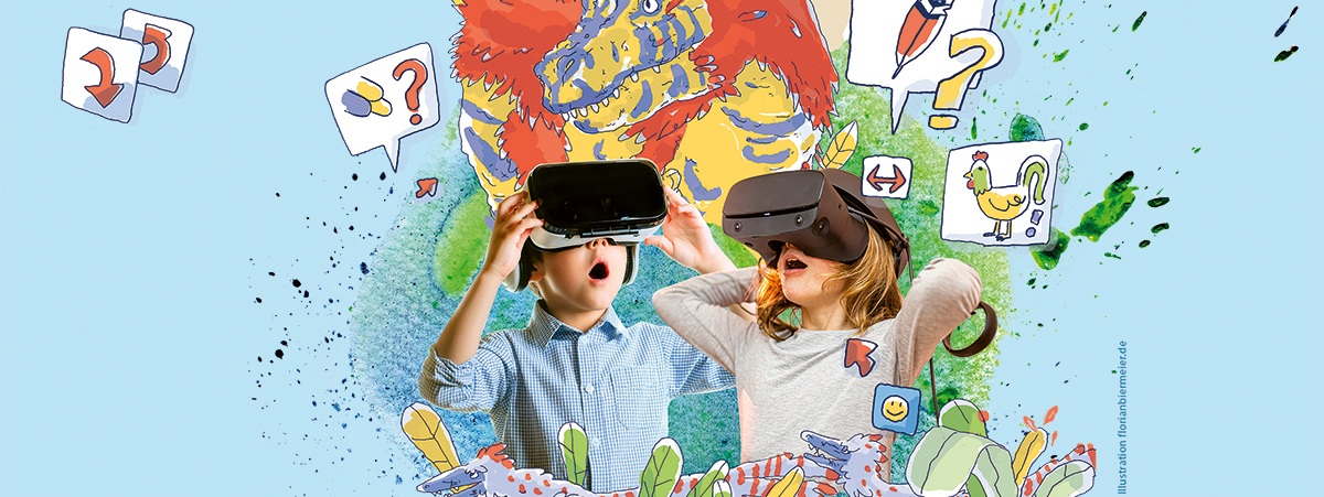 Eine Grundschülerin und ein Grundschüler tragen VR-Brillen und staunen. Umfeld: comichafte Darstellung eines Drachens, Foto: Adobe Stock/Illustration: Florian Biermeier.