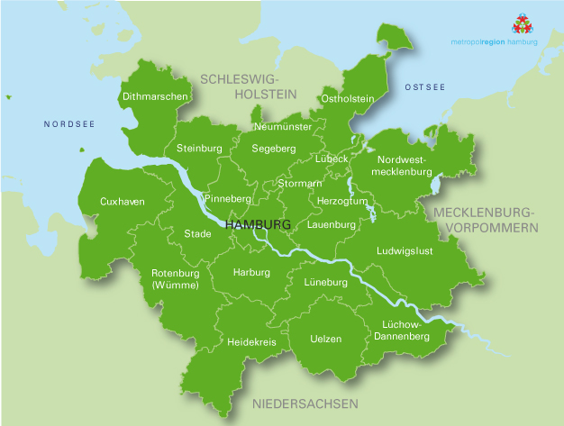 Die Karte zeigt die Metropolregion Hamburg mit eingezeichneten Landkreisen der Mitglieder
