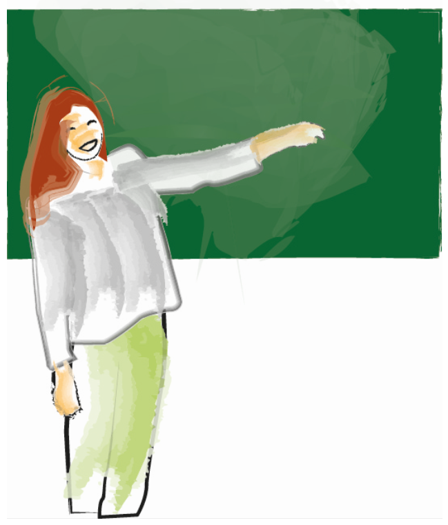 Dieses Bild zeigt eine Frau. Sie steht vor einer grünen Unterrichts-Tafel. Die Frau unterrichtet. Die Abbildung bedeutet: ein neuer Lehrberuf für Menschen mit Behinderungen entsteht.