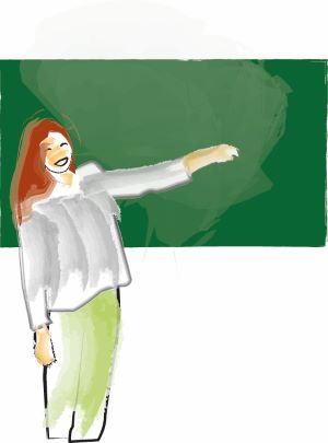 Dieses Bild zeigt eine Frau. Sie steht vor einer grünen Unterrichts-Tafel. Die Frau unterrichtet. Die Abbildung bedeutet: ein neuer Lehrberuf für Menschen mit Behinderungen entsteht.