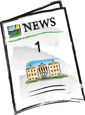 Eine Zeichnung von dem Newsletter-Titelblatt. Zu sehen ist ein Gebäude. Das Gebäude zeigt die Staats-Kanzlei. 