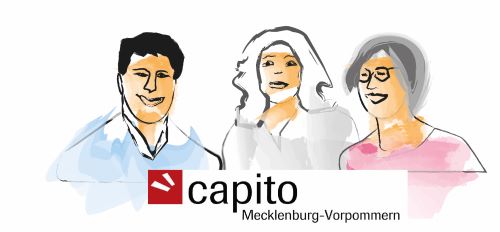 Auf dieser Abbildung sind 2 Frauen und ein Mann. Sie sind die Mitarbeitenden von capito Mecklenburg-Vorpommern. Sie gehören zur Redaktions-Gruppe Newsletter Leichte Sprache.