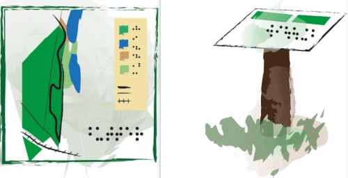 Die erste Abbildung zeigt eine Info-Tafel mit Braille-Schrift und die zweite Abbildung eine unterfahrbare Info-Tafel. Die Info-Tafel hat auch Braille-Schrift.
