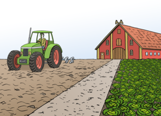 Eine Zeichnung von einem Bauernhof mit einer Scheune und einem Traktor.