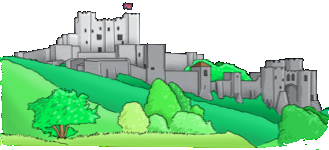 Eine Zeichnung einer grauen, steinernen Burg. Die Burg ist von Wald umgeben.