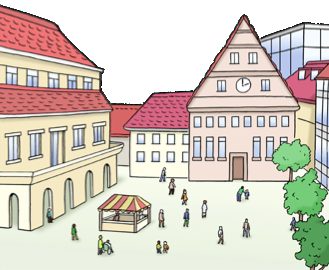 Eine Zeichnung von einem Marktplatz in einer Stadt.