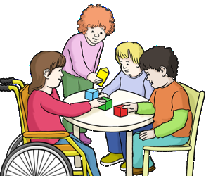 Eine Zeichnung mit drei Kindern und einer Hortbetreuerin. Die Kinder sitzen am Tisch und spielen.