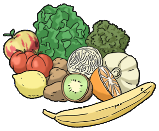 Eine Zeichnung von Lebens-Mitteln: Obst und Gemüse.