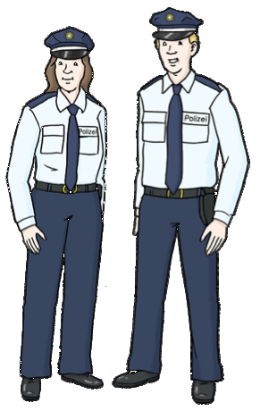 Eine Zeichnung von einem Polizisten und einer Polizistin.