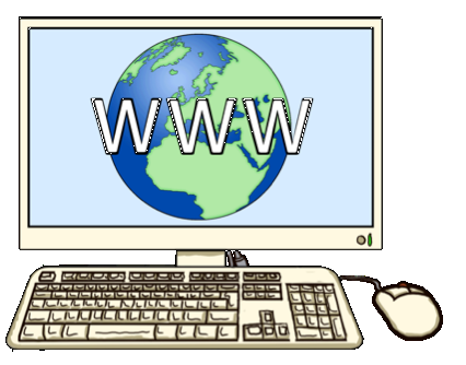 Zeichnung von einem Bildschirm mit unserer runden Erde und der Aufschrift www. Darunter sind eine Tastatur und eine Computer-Maus zu sehen.